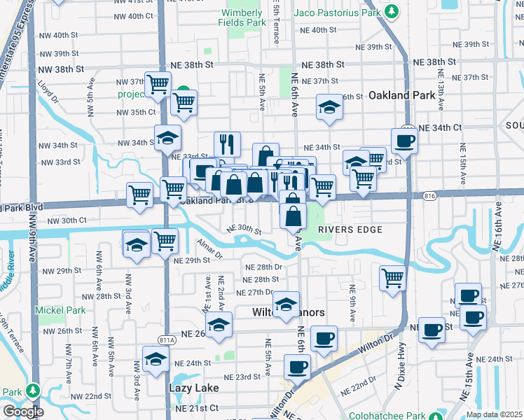 map of restaurants, bars, coffee shops, grocery stores, and more near 3072 Northeast 5th Avenue in Wilton Manors
