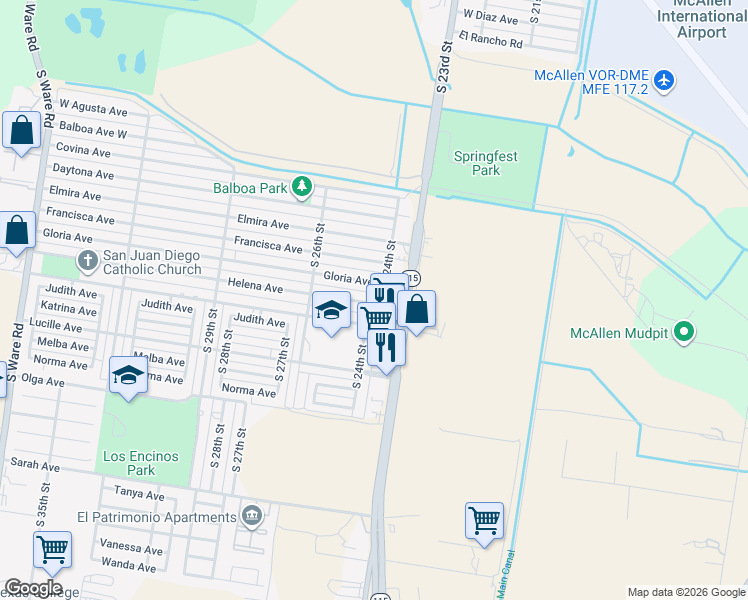 map of restaurants, bars, coffee shops, grocery stores, and more near 2400 Helena Avenue in McAllen