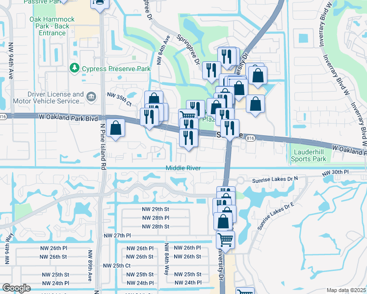 map of restaurants, bars, coffee shops, grocery stores, and more near 3264 Summerfield in Sunrise