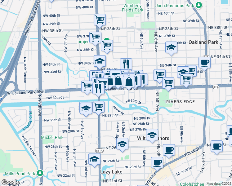 map of restaurants, bars, coffee shops, grocery stores, and more near 201 Northeast 30th Court in Wilton Manors