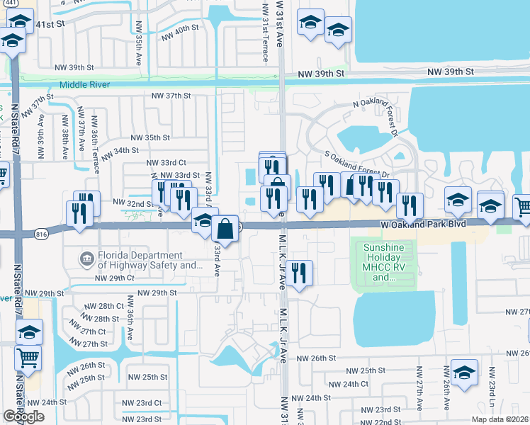 map of restaurants, bars, coffee shops, grocery stores, and more near 3197 Northwest 31st Terrace in Oakland Park