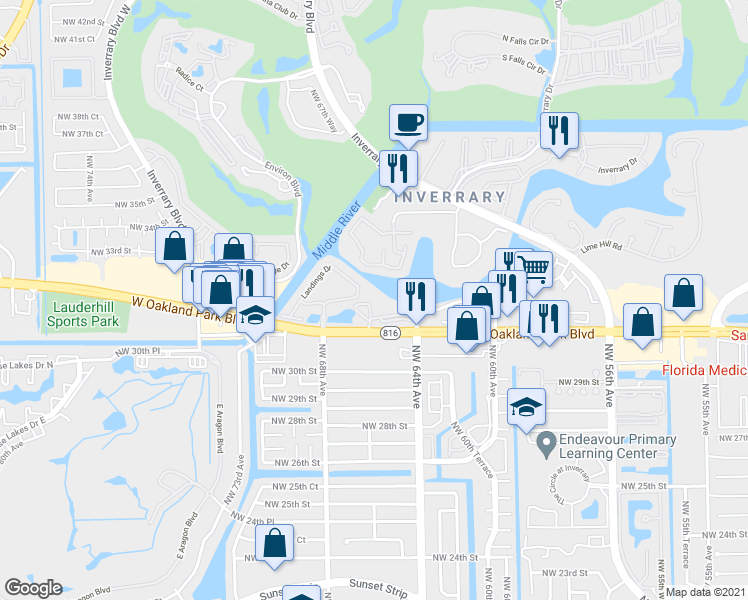 map of restaurants, bars, coffee shops, grocery stores, and more near 6475 West Oakland Park Boulevard in Lauderhill