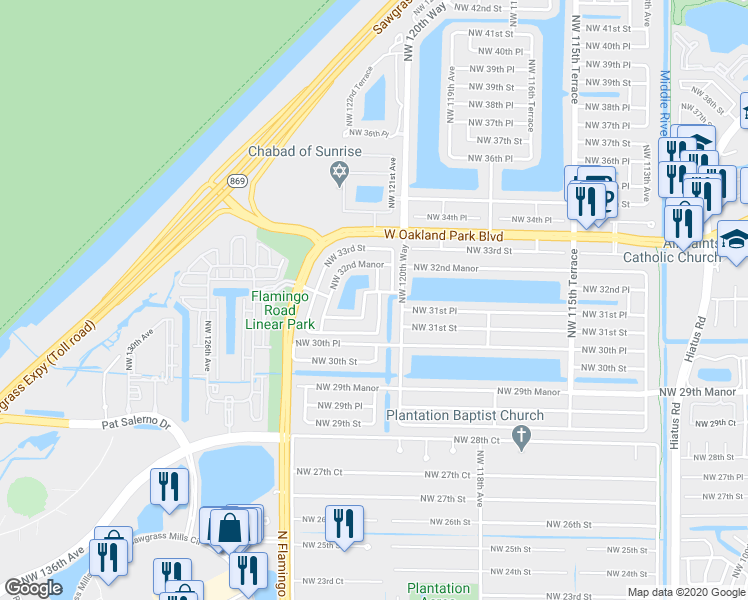 map of restaurants, bars, coffee shops, grocery stores, and more near 3180 Northwest 122nd Avenue in Sunrise