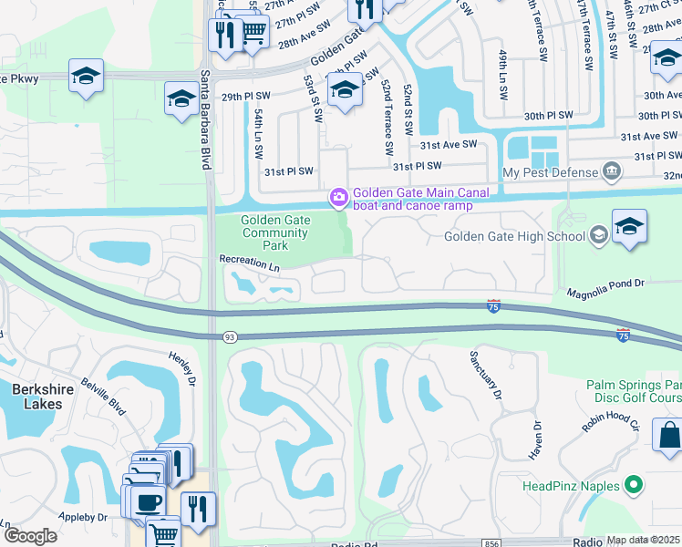 map of restaurants, bars, coffee shops, grocery stores, and more near 3445 Winifred Row Lane in Naples