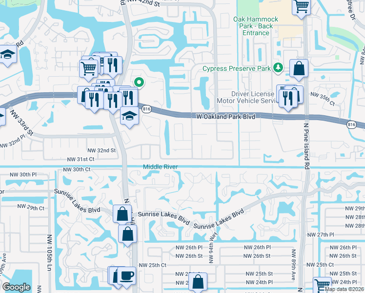 map of restaurants, bars, coffee shops, grocery stores, and more near 9531 Northwest 32nd Court in Sunrise