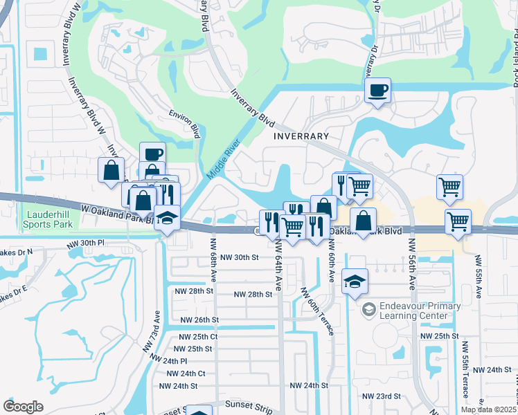 map of restaurants, bars, coffee shops, grocery stores, and more near 6475 West Oakland Park Boulevard in Lauderhill