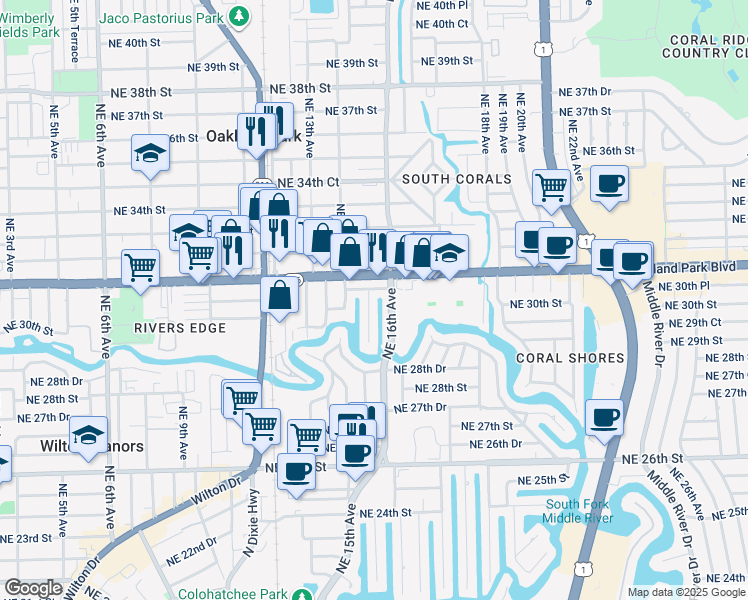 map of restaurants, bars, coffee shops, grocery stores, and more near 3068 Northeast 15th Terrace in Oakland Park