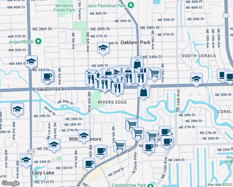 map of restaurants, bars, coffee shops, grocery stores, and more near 873 Northeast 30th Court in Oakland Park