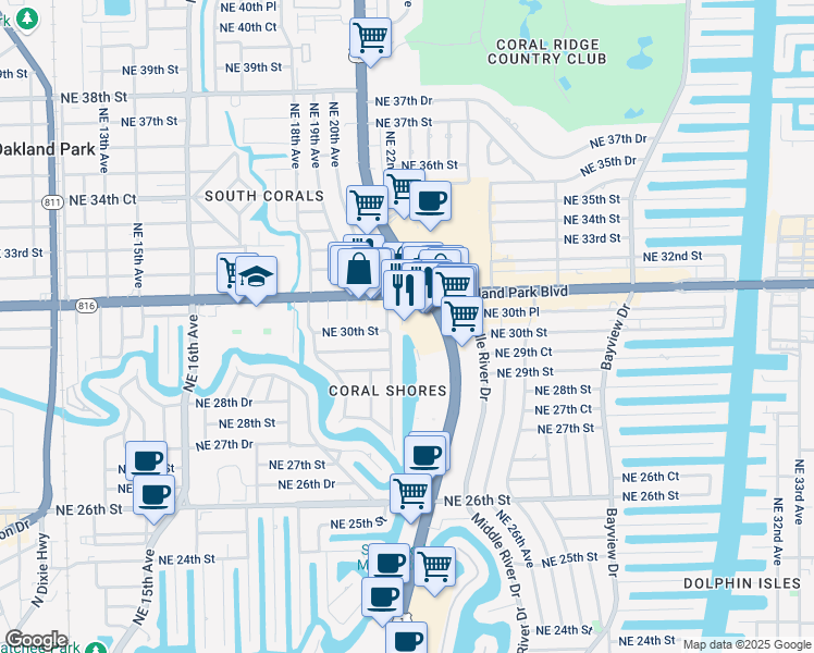 map of restaurants, bars, coffee shops, grocery stores, and more near 3000 Northeast 21st Terrace in Fort Lauderdale