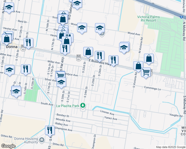 map of restaurants, bars, coffee shops, grocery stores, and more near 209 Center Drive in Donna