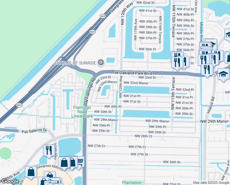 map of restaurants, bars, coffee shops, grocery stores, and more near 3180 Northwest 122nd Avenue in Sunrise