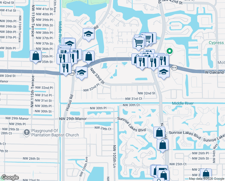 map of restaurants, bars, coffee shops, grocery stores, and more near 3220 Northwest 106th Avenue in Sunrise