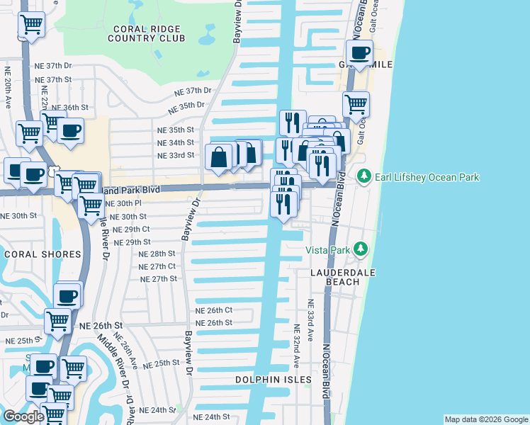 map of restaurants, bars, coffee shops, grocery stores, and more near 2900 Northeast 30th Street in Fort Lauderdale
