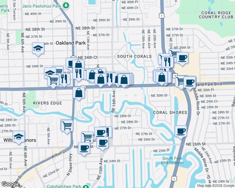 map of restaurants, bars, coffee shops, grocery stores, and more near 3040 Northeast 16th Avenue in Oakland Park