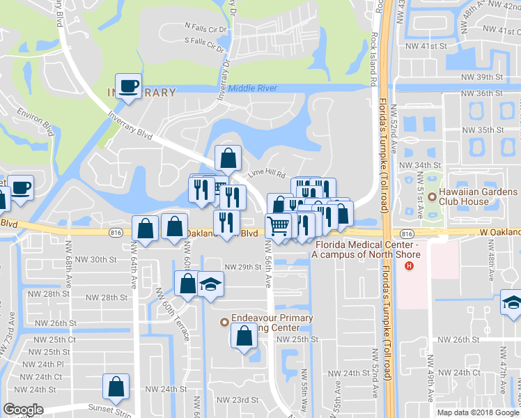 map of restaurants, bars, coffee shops, grocery stores, and more near 3101 Enclave Way in Lauderhill