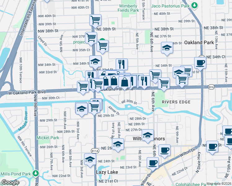 map of restaurants, bars, coffee shops, grocery stores, and more near 201 Northeast 30th Court in Wilton Manors