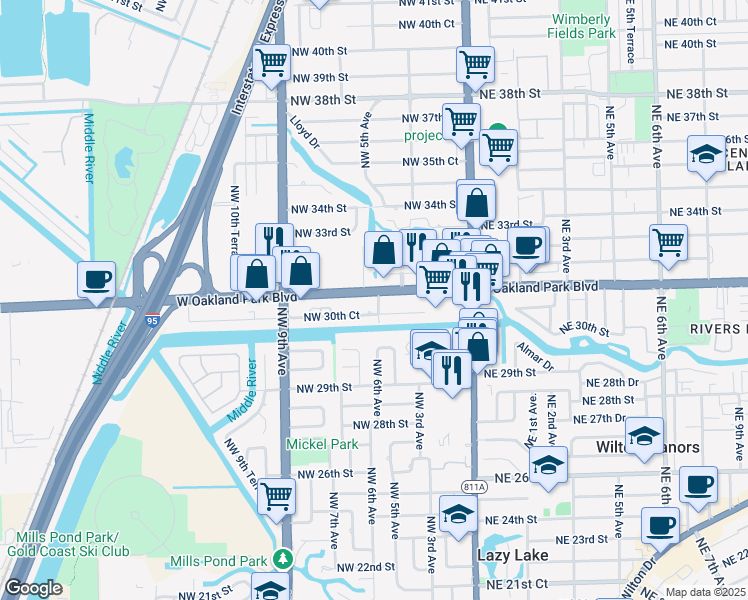 map of restaurants, bars, coffee shops, grocery stores, and more near 616 West Oakland Park Boulevard in Wilton Manors