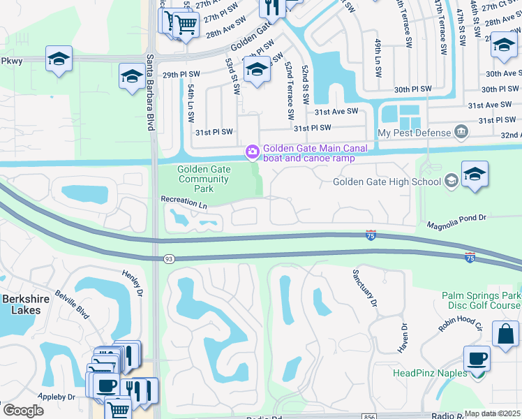 map of restaurants, bars, coffee shops, grocery stores, and more near 3445 Winifred Row Lane in Naples