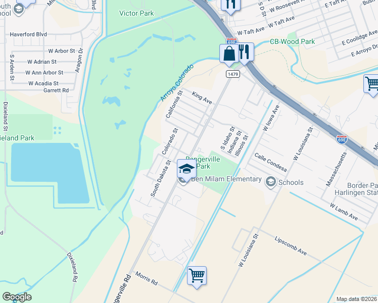 map of restaurants, bars, coffee shops, grocery stores, and more near 926 South Rangerville Road in Harlingen