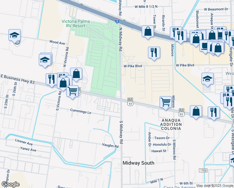 map of restaurants, bars, coffee shops, grocery stores, and more near 3708 U.S. 83 Business in Donna