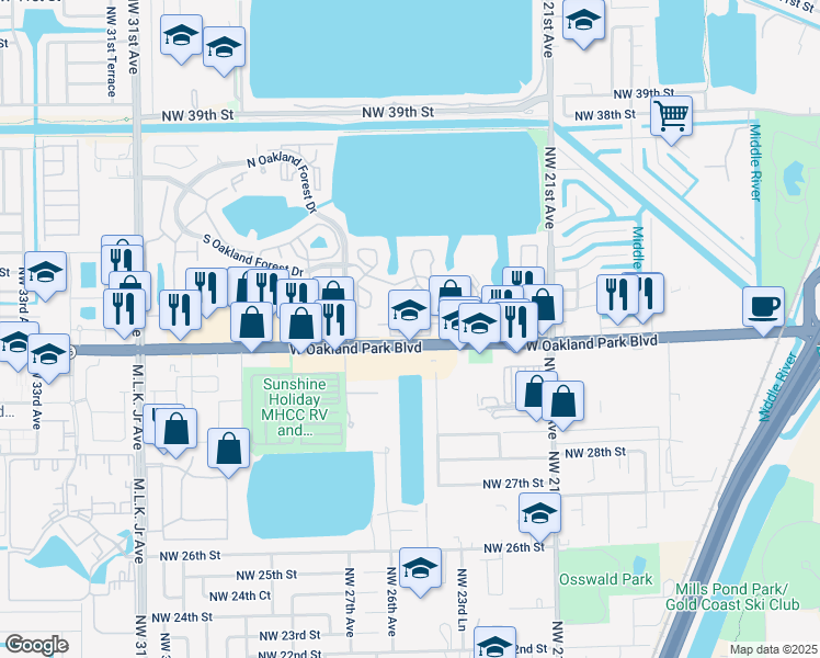 map of restaurants, bars, coffee shops, grocery stores, and more near 2499 Northwest 31st Court in Oakland Park