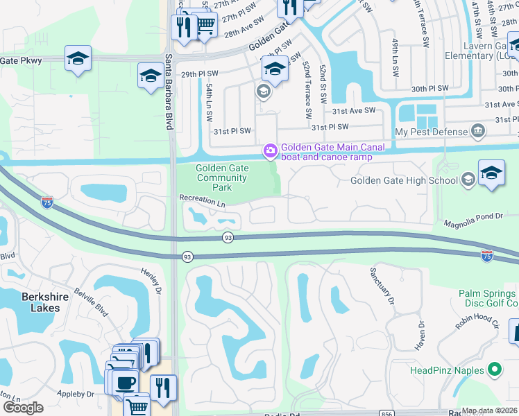 map of restaurants, bars, coffee shops, grocery stores, and more near 3416 Winifred Row Lane in Naples
