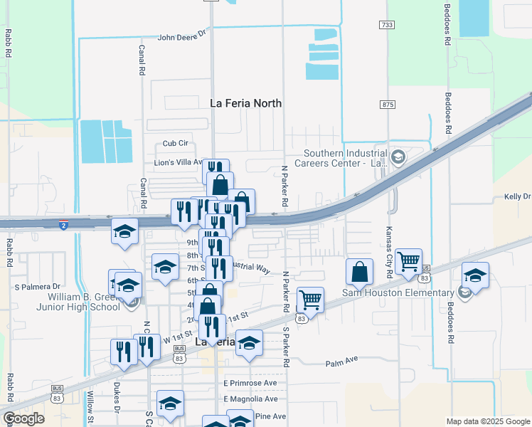 map of restaurants, bars, coffee shops, grocery stores, and more near 301 East Expressway 83 in La Feria