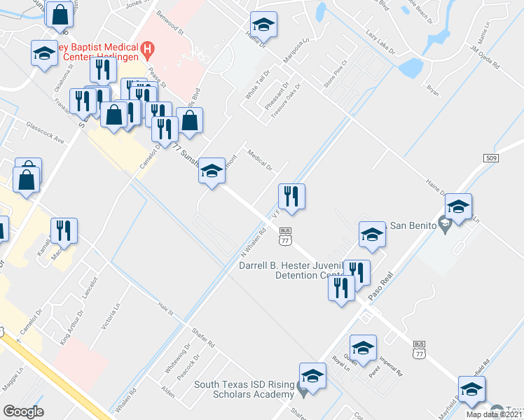 map of restaurants, bars, coffee shops, grocery stores, and more near 3101 U.S. 77 Business in Harlingen