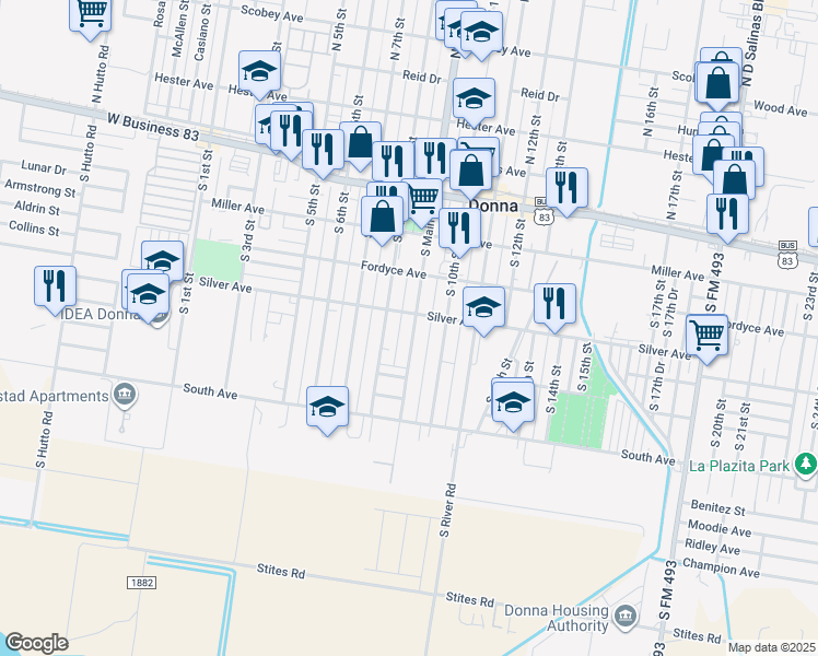 map of restaurants, bars, coffee shops, grocery stores, and more near 407 South Main Street in Donna