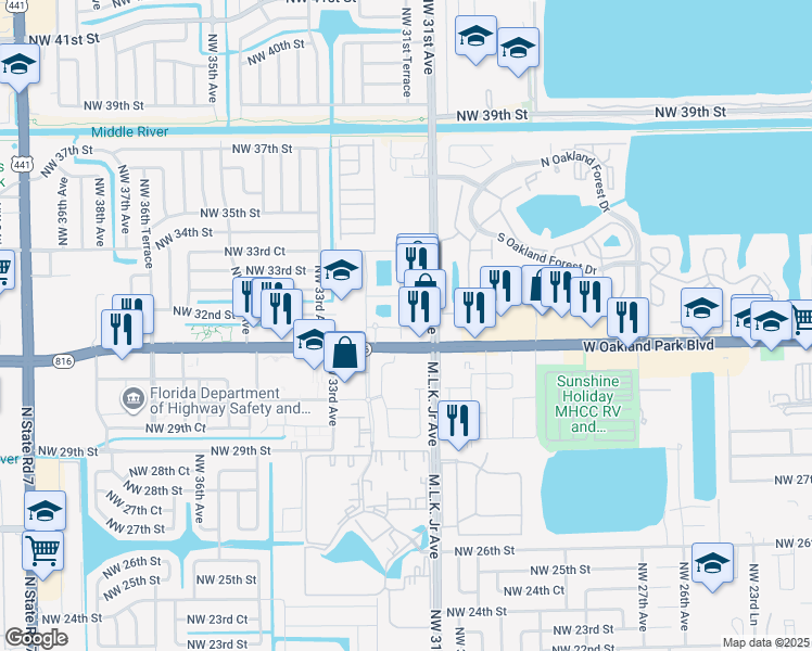 map of restaurants, bars, coffee shops, grocery stores, and more near 3197 Northwest 31st Terrace in Oakland Park