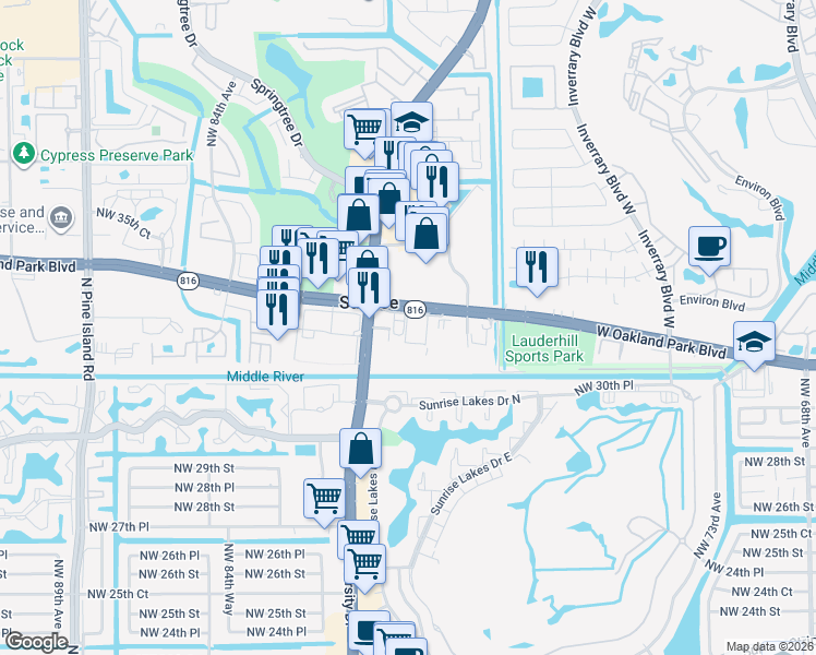 map of restaurants, bars, coffee shops, grocery stores, and more near 7800 West Oakland Park Boulevard in Fort Lauderdale