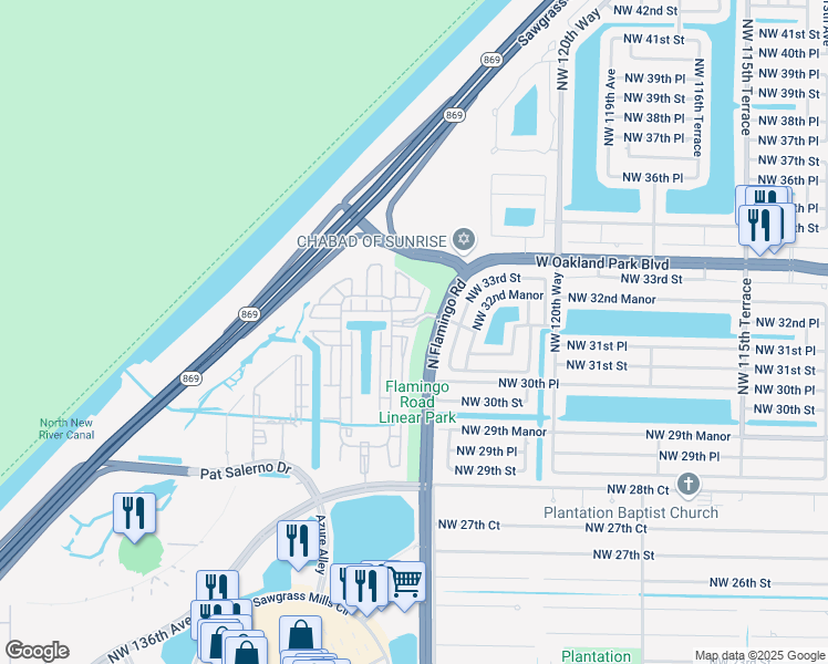 map of restaurants, bars, coffee shops, grocery stores, and more near 12500 Northwest 32nd Manor in Sunrise