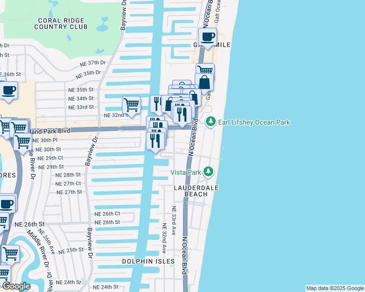 map of restaurants, bars, coffee shops, grocery stores, and more near 3015 North Ocean Boulevard in Fort Lauderdale