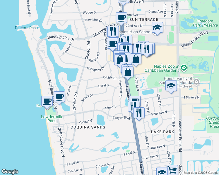 map of restaurants, bars, coffee shops, grocery stores, and more near 740 Coral Drive in Naples