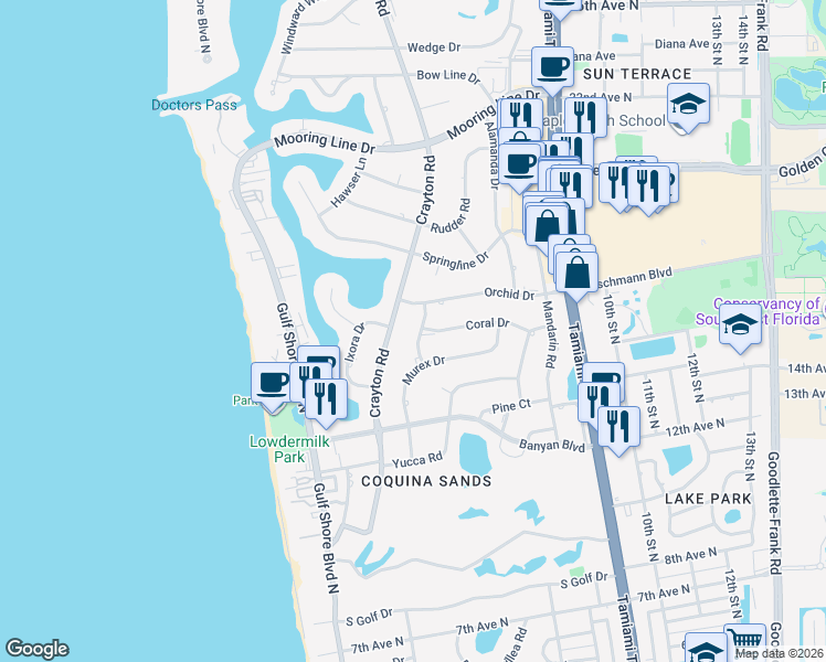 map of restaurants, bars, coffee shops, grocery stores, and more near 1670 Crayton Road in Naples