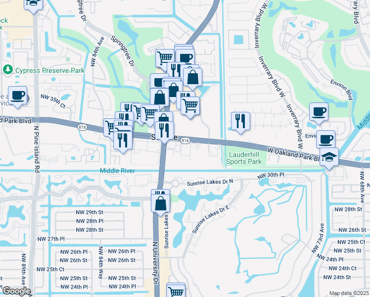 map of restaurants, bars, coffee shops, grocery stores, and more near 7800 West Oakland Park Boulevard in Fort Lauderdale