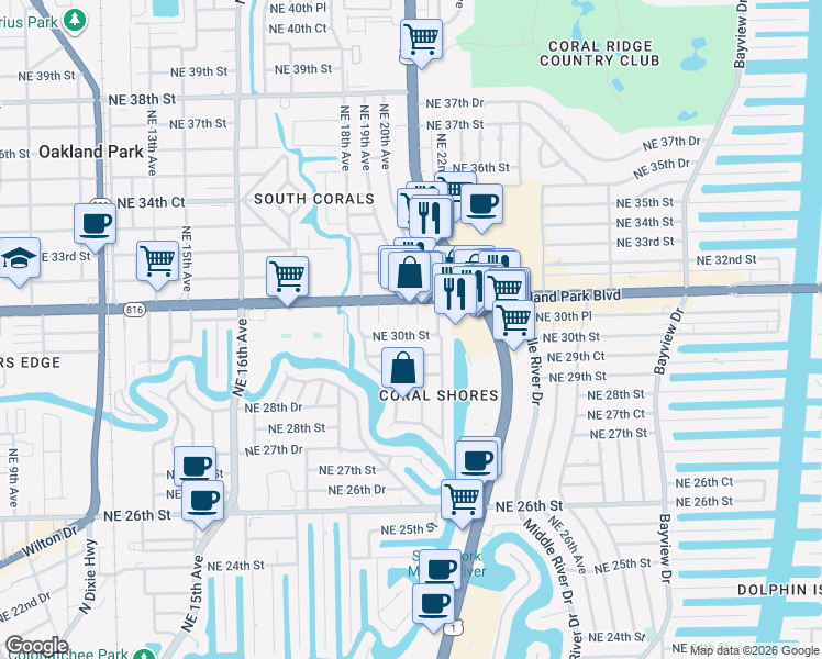 map of restaurants, bars, coffee shops, grocery stores, and more near 2035 Northeast 30th Street in Fort Lauderdale