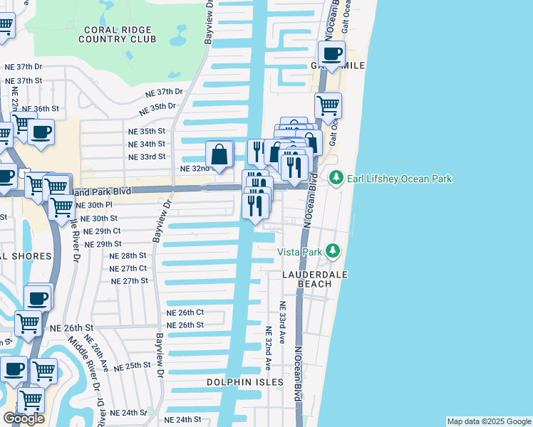 map of restaurants, bars, coffee shops, grocery stores, and more near 3020 Northeast 32nd Avenue in Fort Lauderdale
