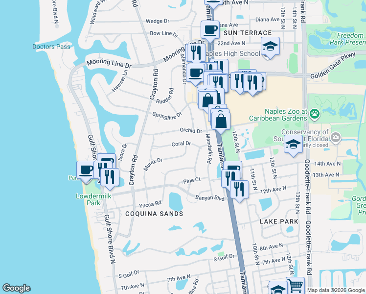 map of restaurants, bars, coffee shops, grocery stores, and more near 644 Coral Drive in Naples