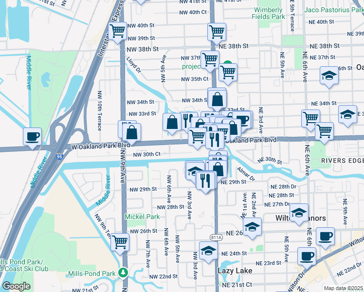 map of restaurants, bars, coffee shops, grocery stores, and more near 400 West Oakland Park Boulevard in Wilton Manors