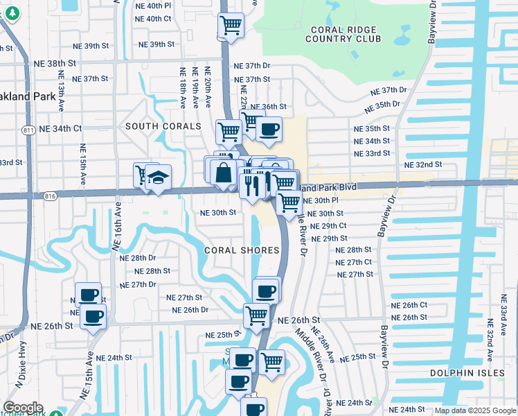 map of restaurants, bars, coffee shops, grocery stores, and more near 3000 Northeast 21st Terrace in Fort Lauderdale