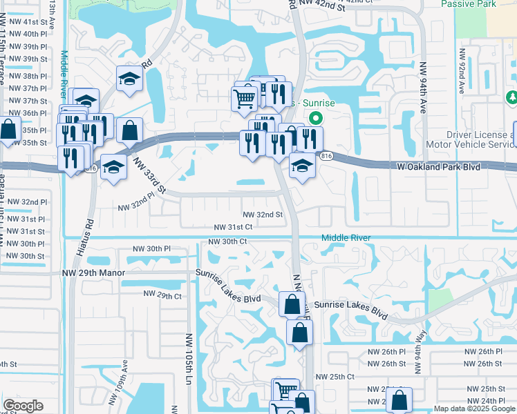 map of restaurants, bars, coffee shops, grocery stores, and more near 3224 Northwest 102nd Avenue in Sunrise