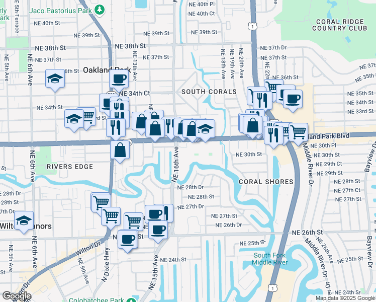 map of restaurants, bars, coffee shops, grocery stores, and more near 3040 Northeast 16th Avenue in Oakland Park