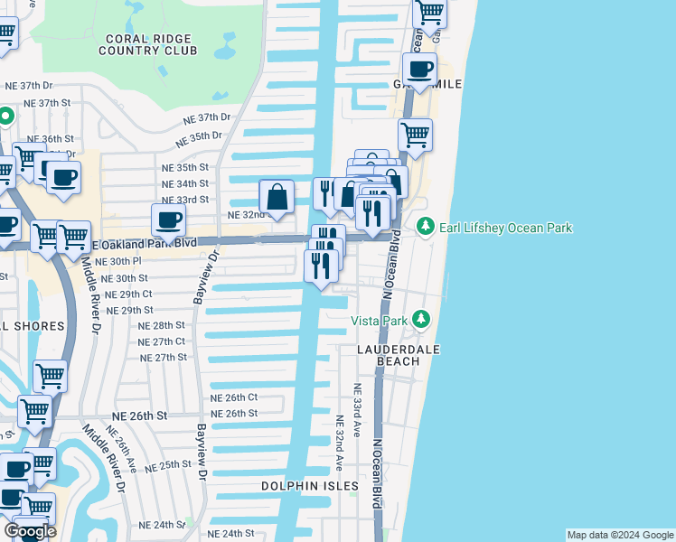 map of restaurants, bars, coffee shops, grocery stores, and more near 3020 Northeast 32nd Avenue in Fort Lauderdale