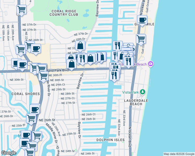 map of restaurants, bars, coffee shops, grocery stores, and more near 2861 Northeast 30th Street in Fort Lauderdale