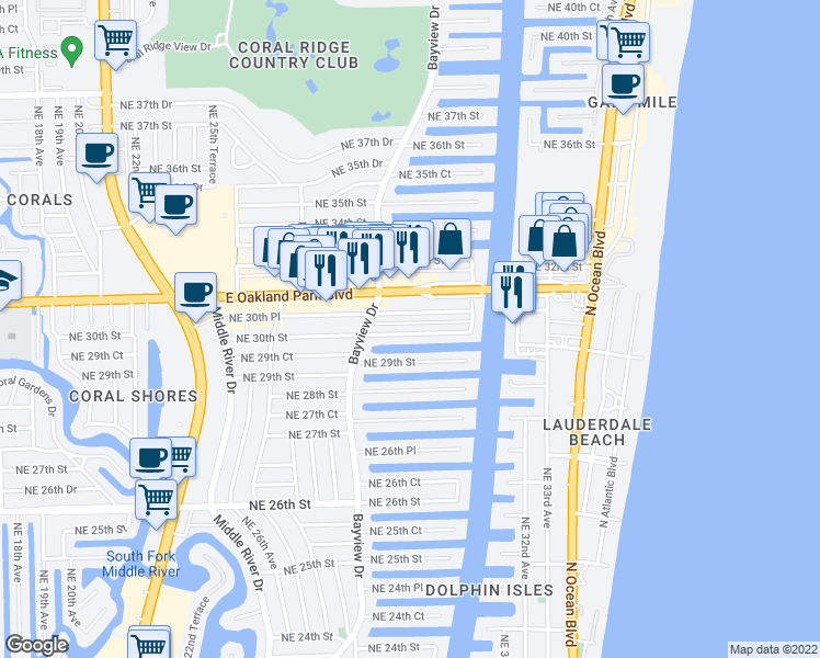map of restaurants, bars, coffee shops, grocery stores, and more near 2829 Northeast 30th Street in Fort Lauderdale