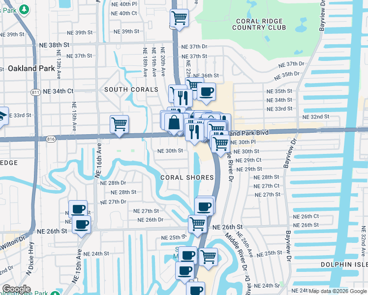 map of restaurants, bars, coffee shops, grocery stores, and more near 3000 Northeast 21st Terrace in Fort Lauderdale