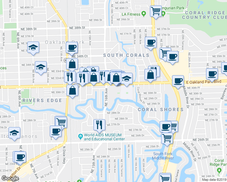 map of restaurants, bars, coffee shops, grocery stores, and more near 3040 Northeast 16th Avenue in Oakland Park
