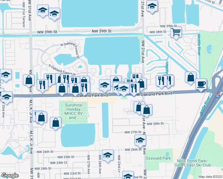 map of restaurants, bars, coffee shops, grocery stores, and more near 2351 West Oakland Park Boulevard in Oakland Park