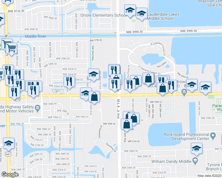 map of restaurants, bars, coffee shops, grocery stores, and more near 3197 Northwest 31st Terrace in Oakland Park